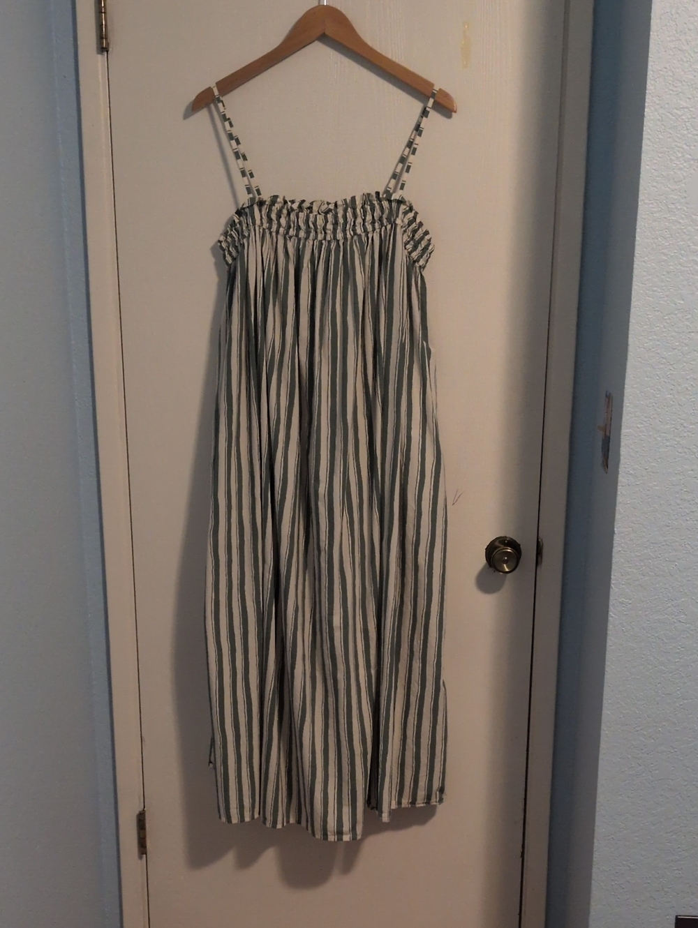 Madewell Green and White Striped Poplin A-Line Midi Dress